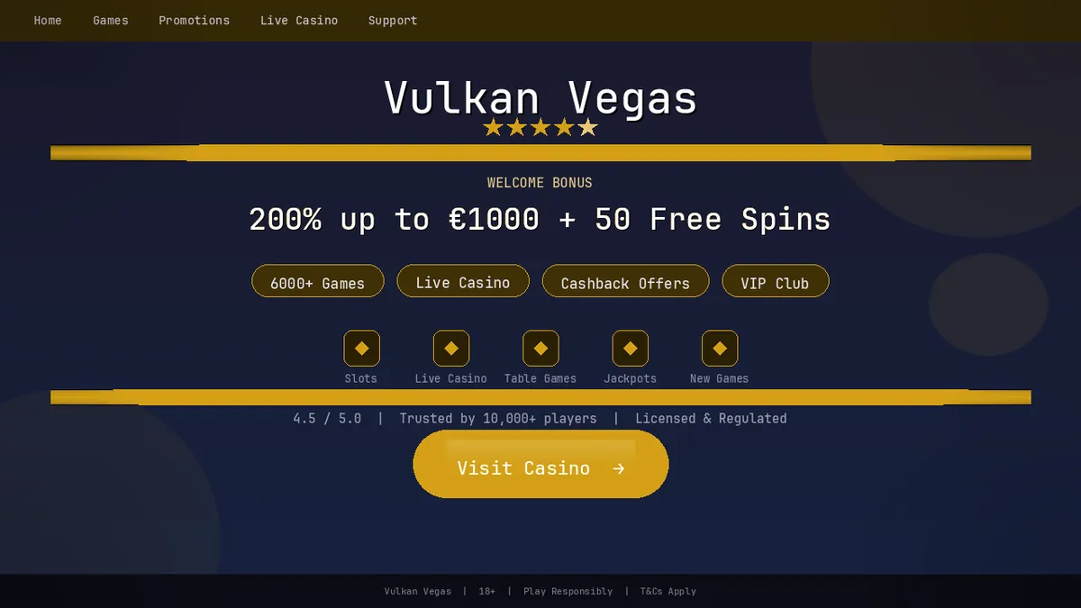 Vulkan Vegas Startseite mit Willkommensbonus und Spielelobby